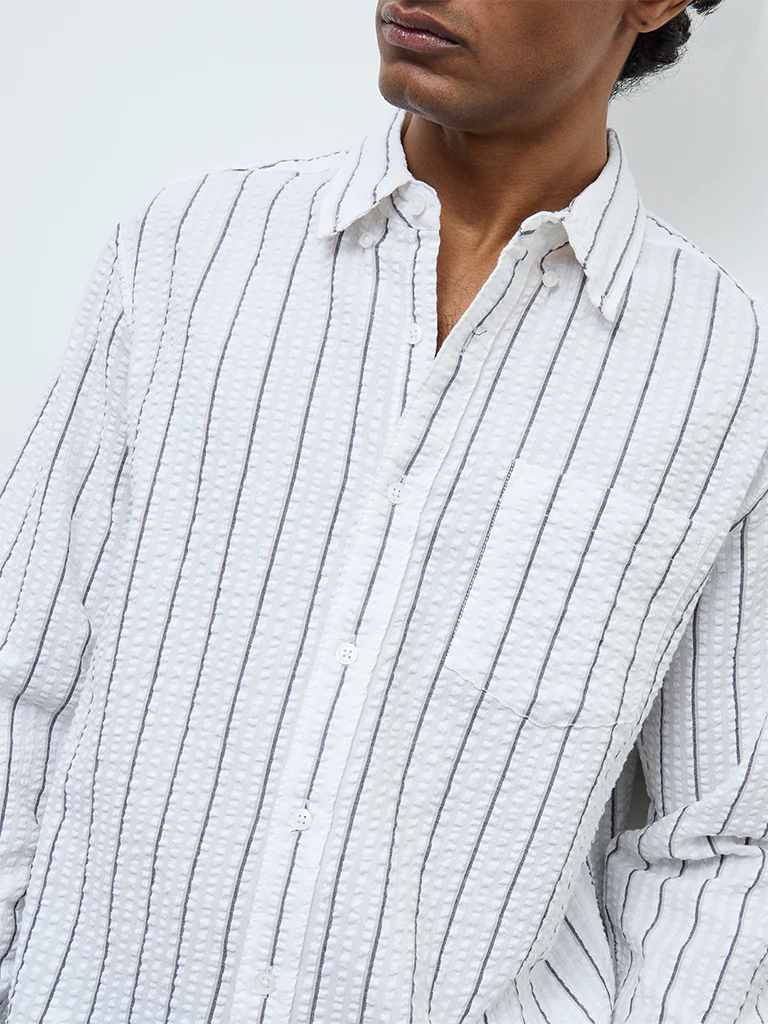 WES Casuals White Striped Relaxed Fit Cotton Shirt - Image 3