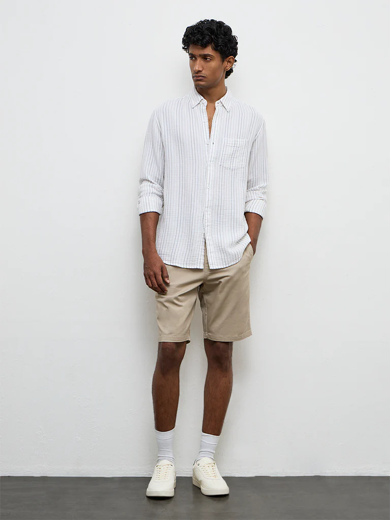 WES Casuals White Striped Relaxed-Fit Cotton Shirt