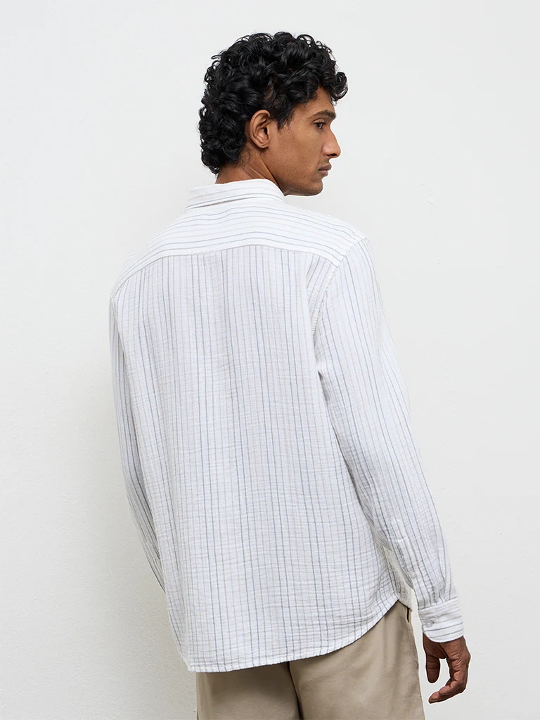 WES Casuals White Striped Relaxed-Fit Cotton Shirt - Image 4