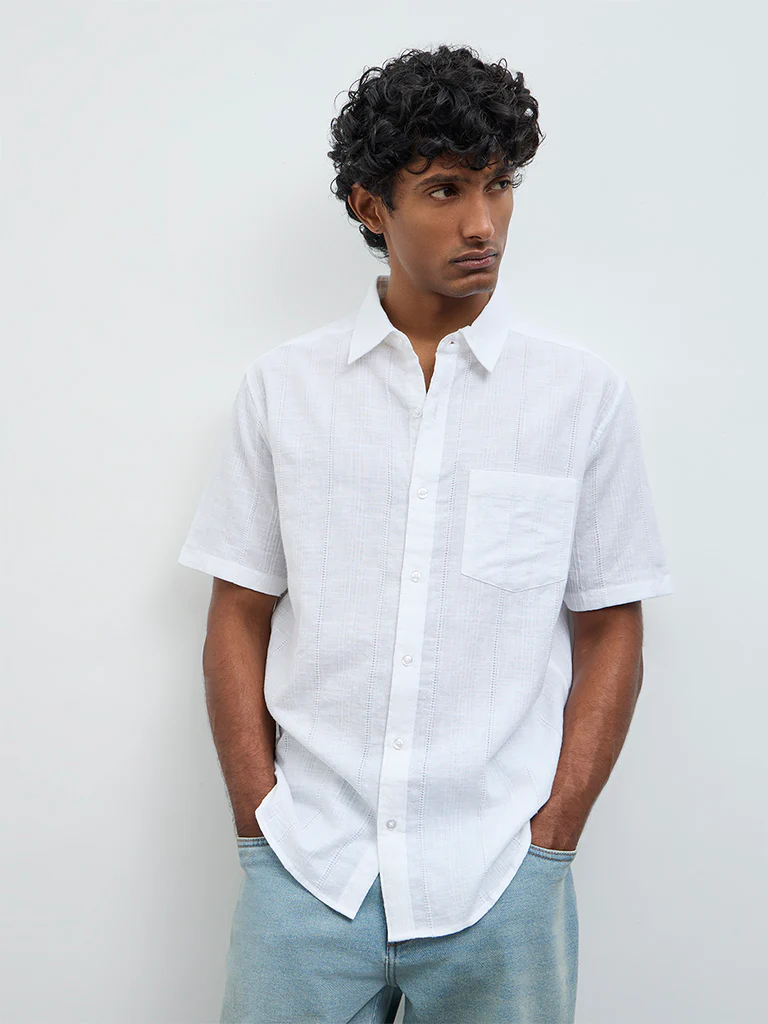 WES Casuals White Textured Relaxed Fit Cotton Shirt