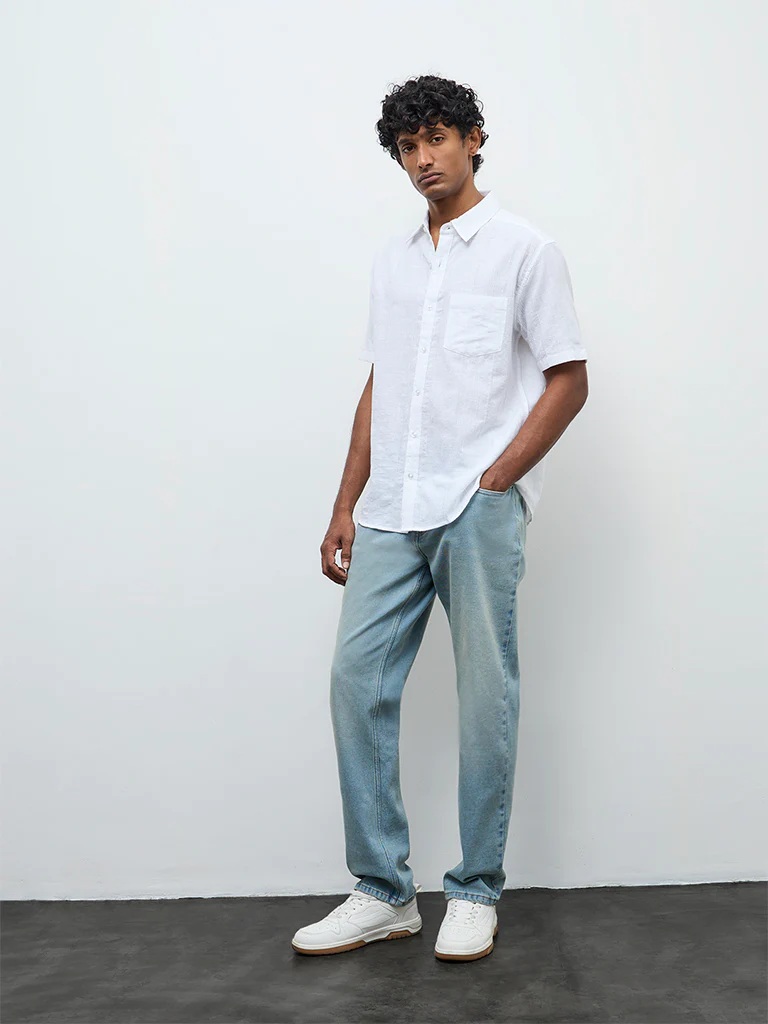 WES Casuals White Textured Relaxed Fit Cotton Shirt - Image 2
