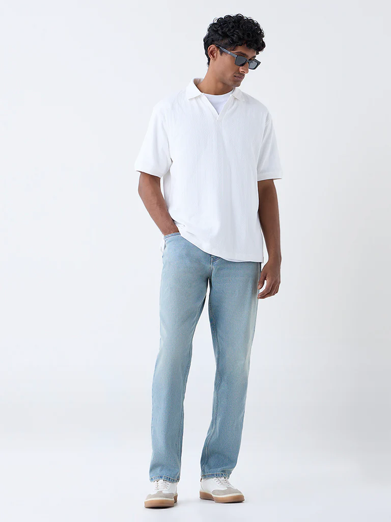 WES Casuals White Textured Relaxed-Fit Polo T-Shirt - Image 3
