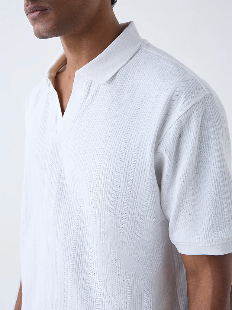 WES Casuals White Textured Relaxed-Fit Polo T-Shirt - Image 4
