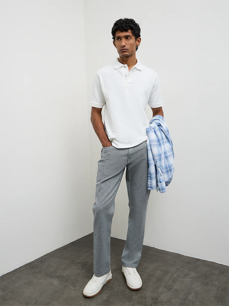 WES Casuals White Textured Relaxed-Fit Polo T-Shirt
