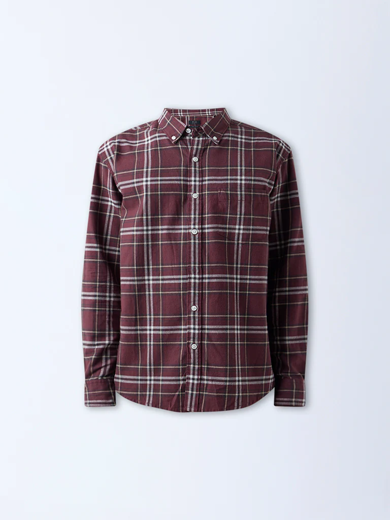 WES Casuals Wine Checkered Relaxed-Fit Cotton Shirt - Image 5