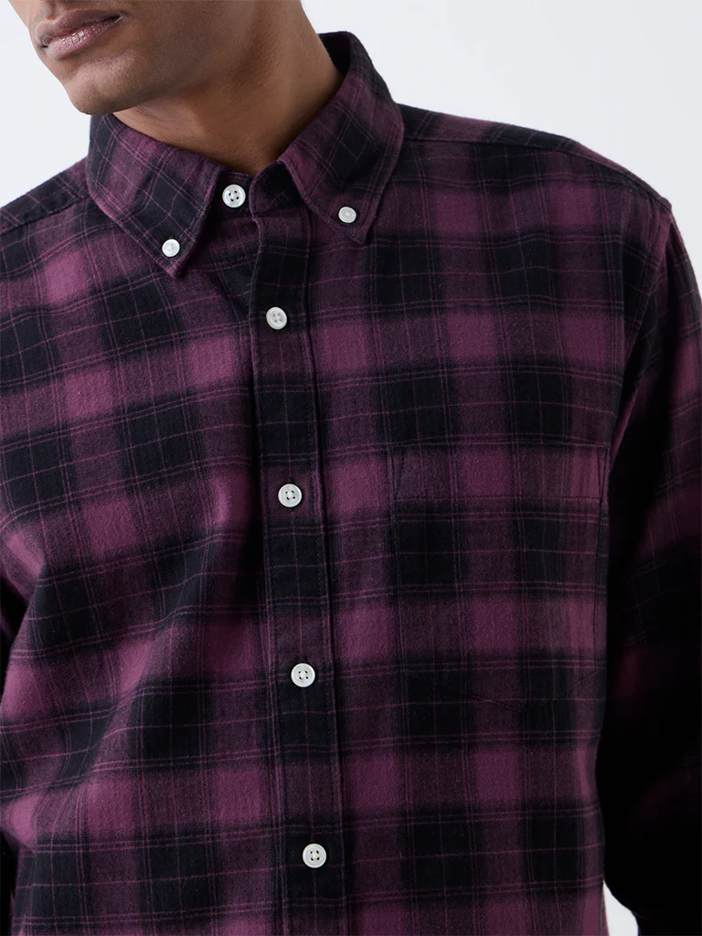 WES Casuals Wine Checks Relaxed Fit Cotton Shirt - Image 3