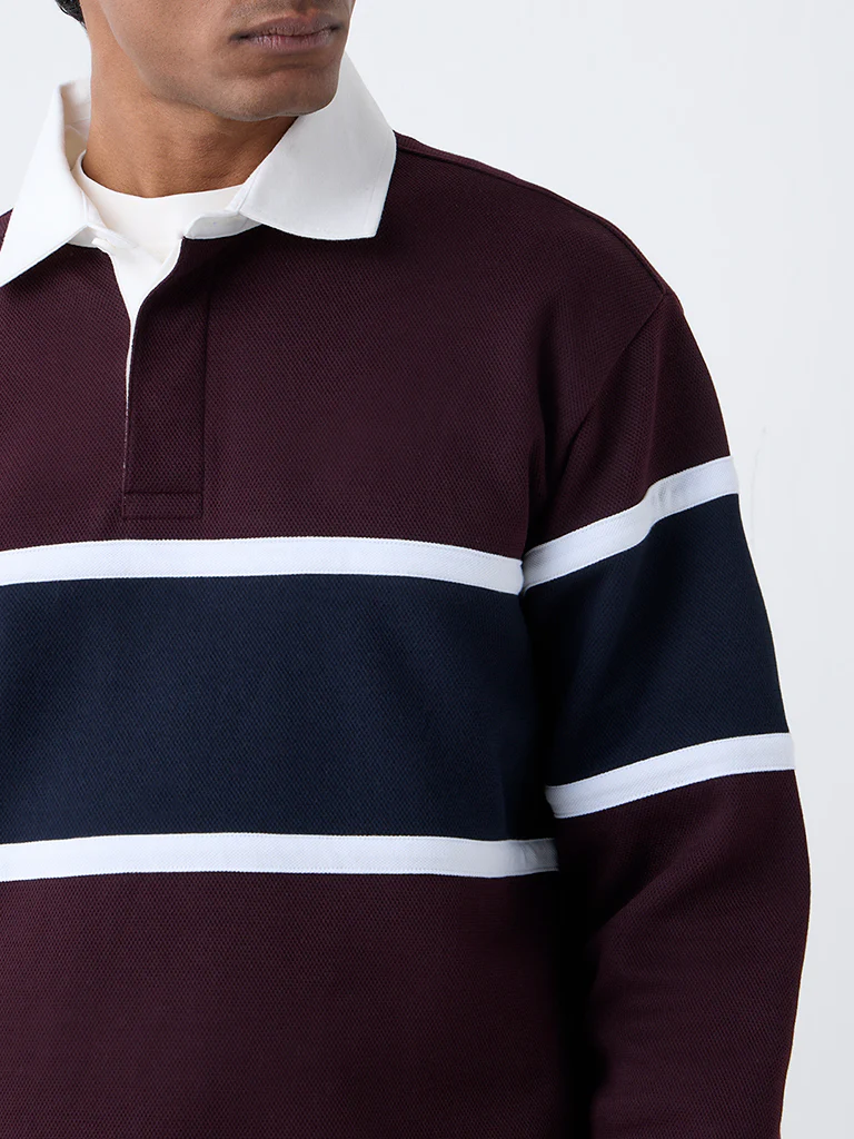 WES Casuals Wine Colour-Blocked Relaxed-Fit Polo T-Shirt - Image 4