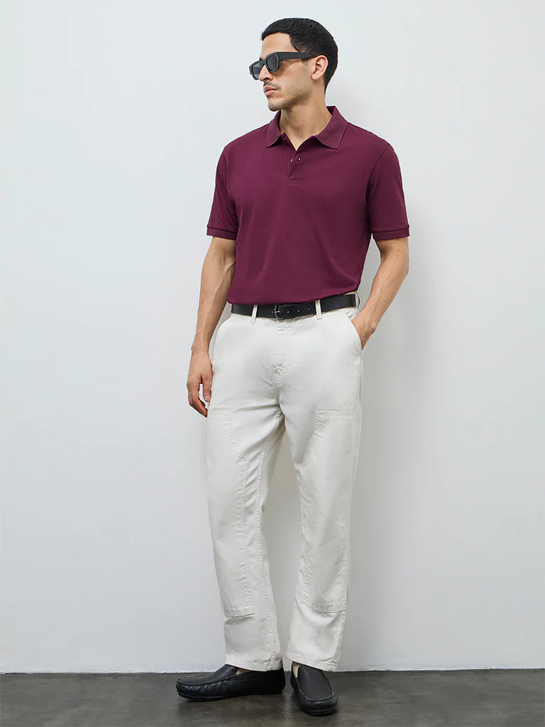 WES Casuals Wine Relaxed-Fit Cotton-Blend Polo T-Shirt - Image 3
