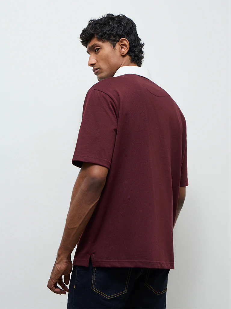 WES Casuals Wine Relaxed-Fit Cotton-Blend Polo T-Shirt - Image 5