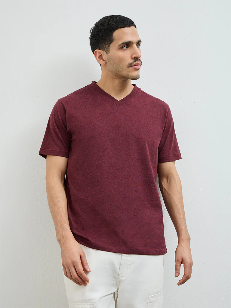 WES Casuals Wine Slim-Fit Cotton T-Shirt