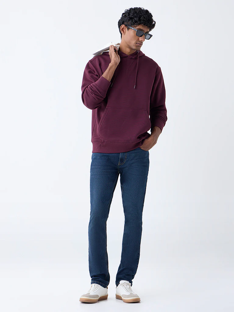 WES Casuals Wine Solid Relaxed-Fit Cotton-Blend Hoodie - Image 3