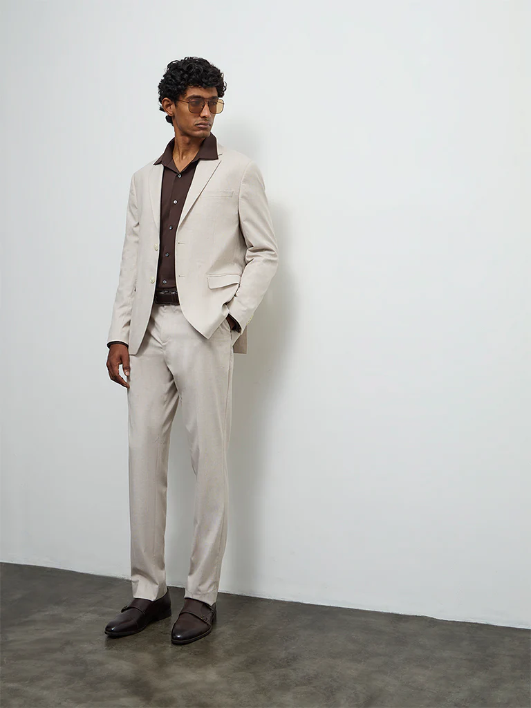 WES Formals Beige Checkered Relaxed-Fit Mid-Rise Trousers