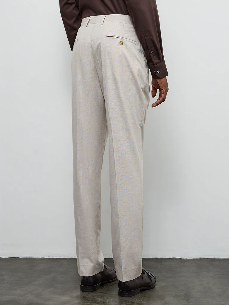 WES Formals Beige Checkered Relaxed-Fit Mid-Rise Trousers - Image 4