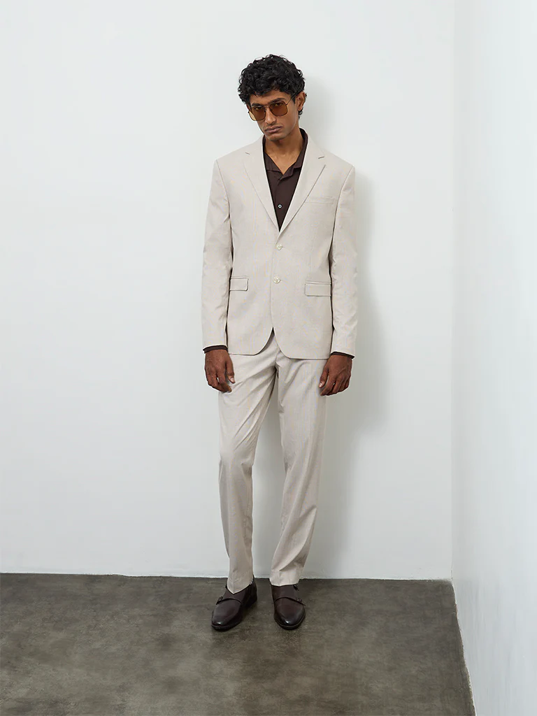 WES Formals Beige Checkered Slim-Fit Blazer - Image 2