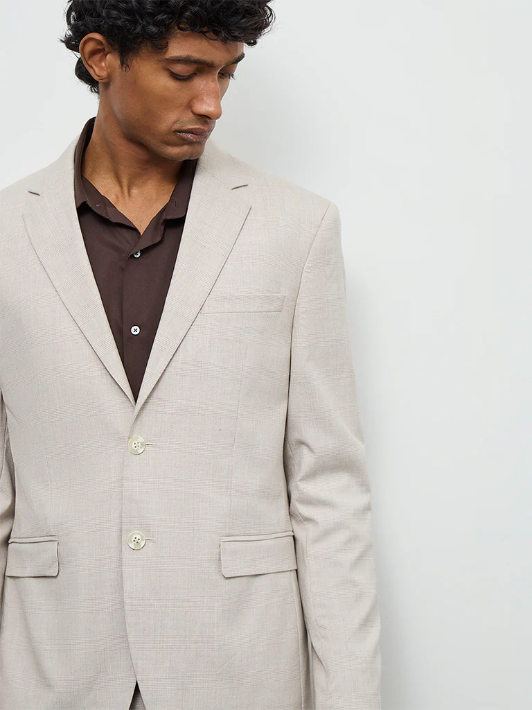 WES Formals Beige Checkered Slim-Fit Blazer - Image 3