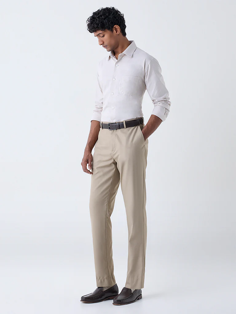 WES Formals Beige Self-Patterned Relaxed-Fit Cotton Shirt - Image 3