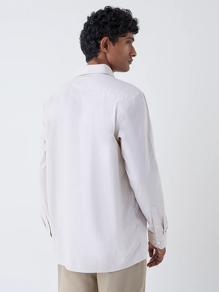 WES Formals Beige Self-Patterned Relaxed-Fit Cotton Shirt - Image 4
