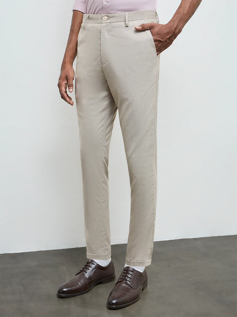 WES Formals Beige Slim-Fit Mid-Rise Trousers - Image 2