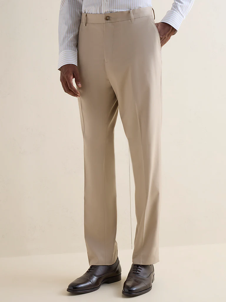 WES Formals Beige Solid Relaxed-Fit Mid-Rise Trousers - Image 2