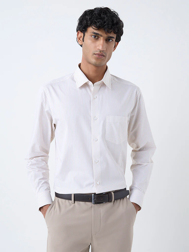 WES Formals Beige Striped Relaxed-Fit Cotton Shirt