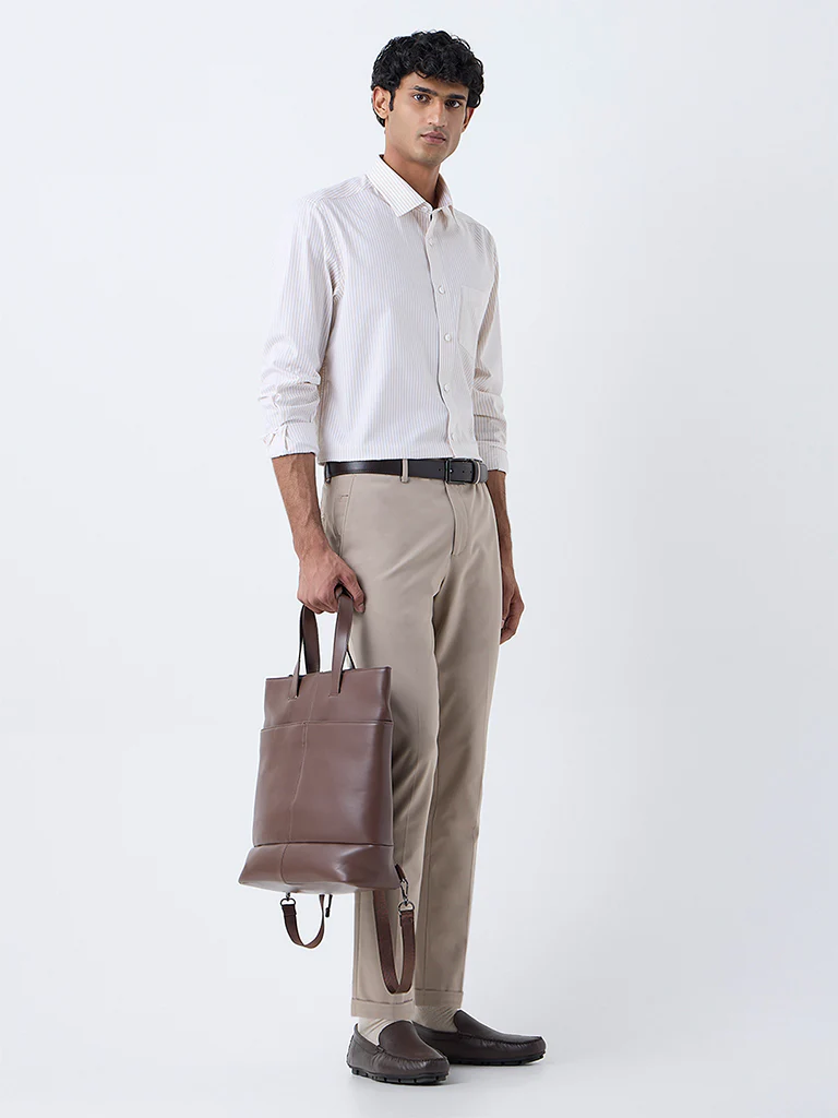 WES Formals Beige Striped Relaxed-Fit Cotton Shirt - Image 3