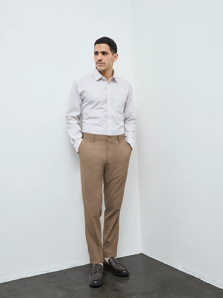 WES Formals Beige Striped Relaxed-Fit Cotton Shirt - Image 3