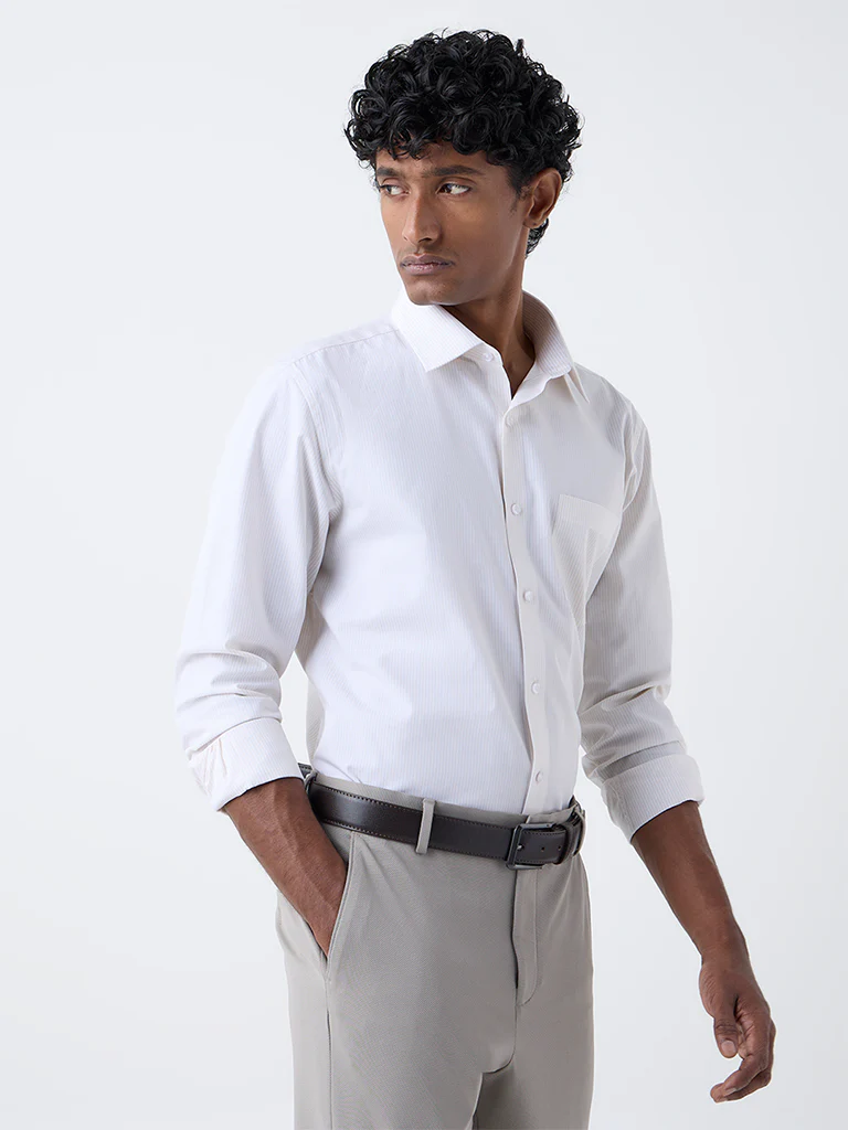 WES Formals Beige Striped Slim-Fit Cotton Shirt