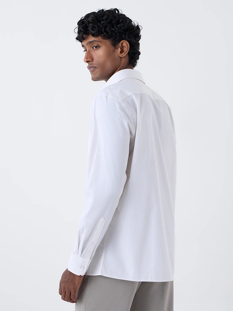 WES Formals Beige Striped Slim-Fit Cotton Shirt - Image 4