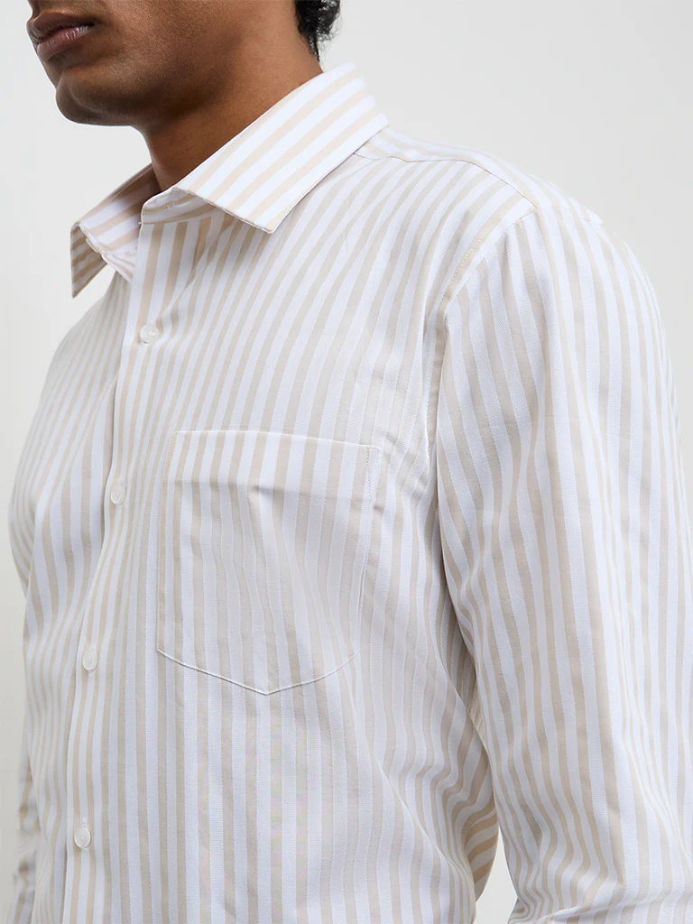 WES Formals Beige Striped Slim-Fit Cotton Shirt - Image 3
