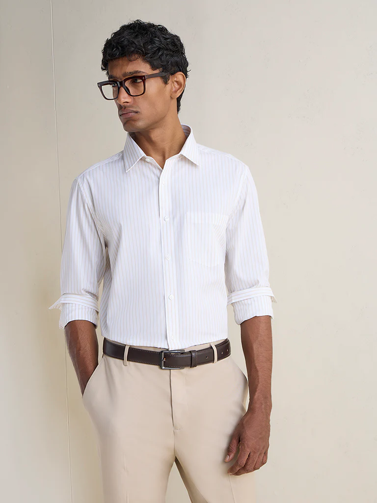 WES Formals Beige Striped Slim-Fit Cotton Shirt