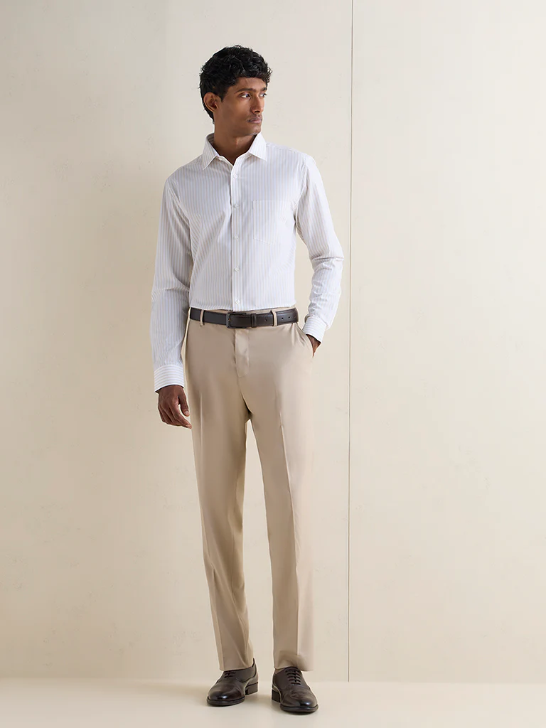 WES Formals Beige Striped Slim-Fit Cotton Shirt - Image 2