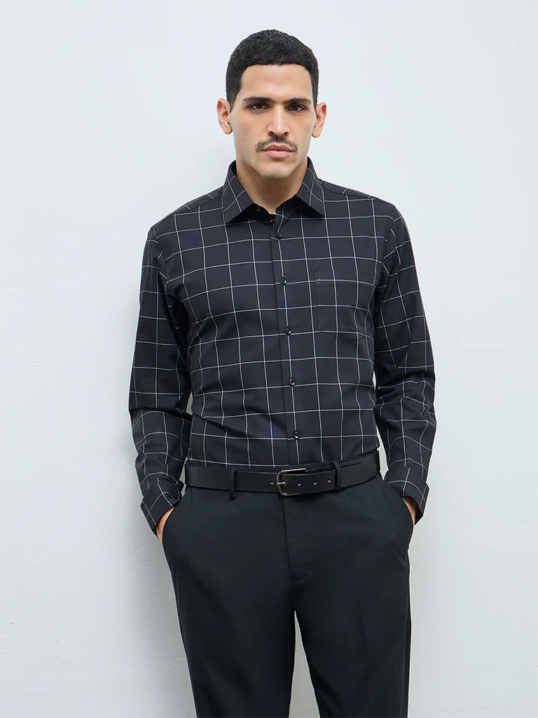 WES Formals Black Checked Ultra Slim-Fit Cotton Shirt