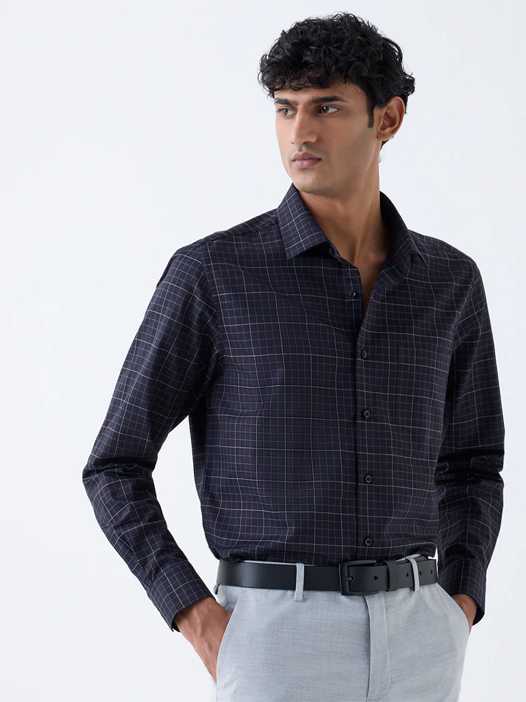 WES Formals Black Checkered Slim-Fit Cotton Shirt