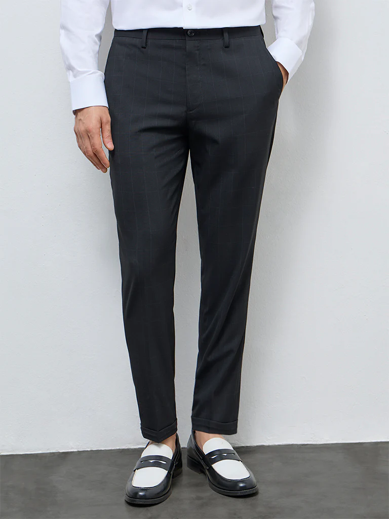 WES Formals Black Checkered Slim-Fit Mid-Rise Trousers - Image 2