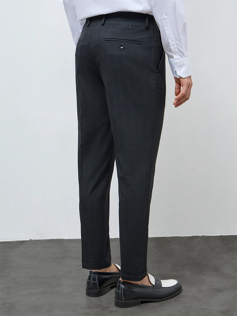 WES Formals Black Checkered Slim-Fit Mid-Rise Trousers - Image 4