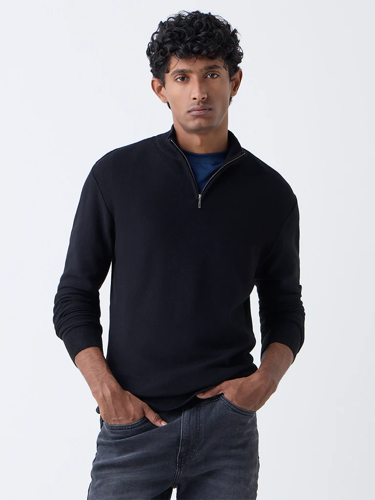 WES Formals Black Knit-Textured Slim-Fit Quarter-Zip Sweater