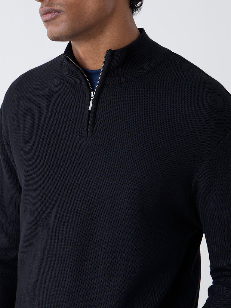 WES Formals Black Knit-Textured Slim-Fit Quarter-Zip Sweater - Image 3