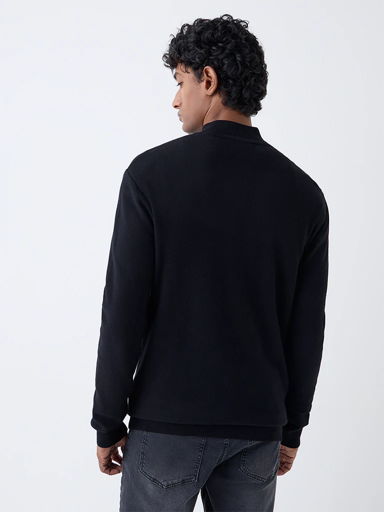 WES Formals Black Knit-Textured Slim-Fit Quarter-Zip Sweater - Image 5