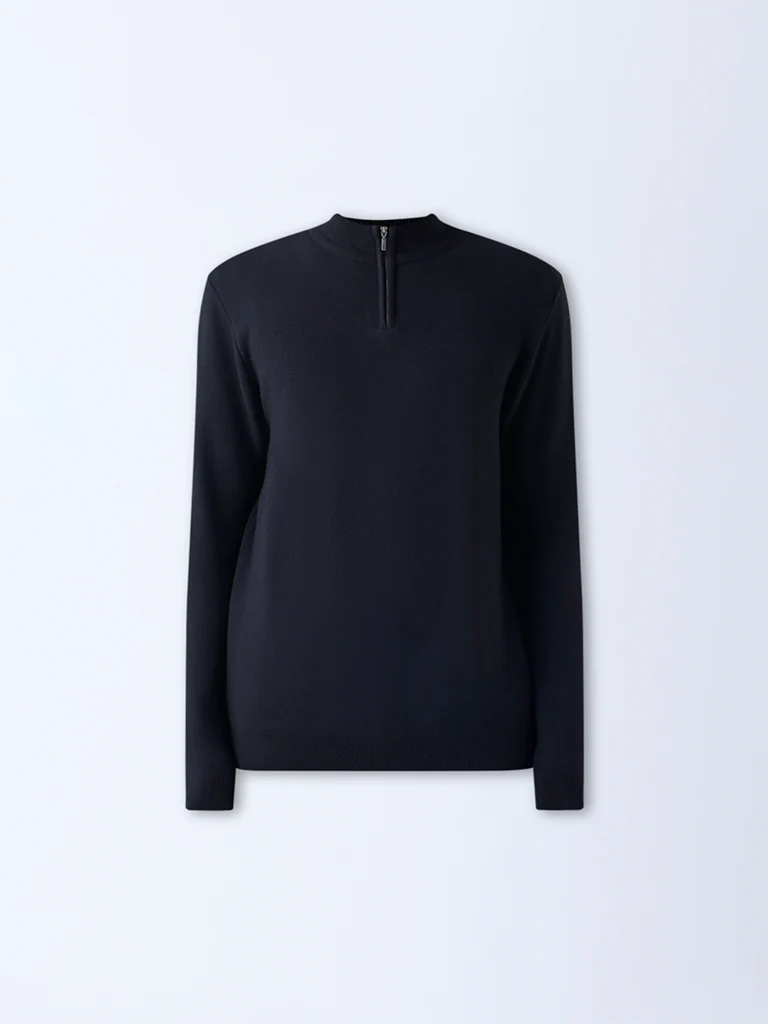 WES Formals Black Knit-Textured Slim-Fit Quarter-Zip Sweater - Image 6