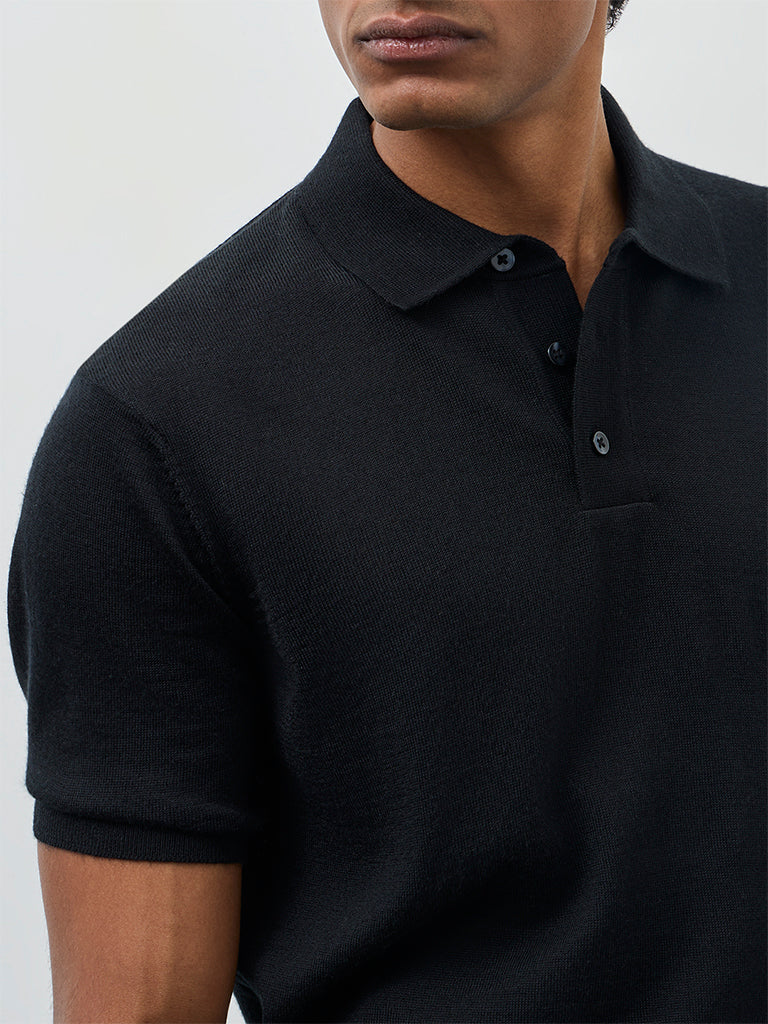 WES Formals Black Knit-Textured Relaxed-Fit Polo T-Shirt - Image 4