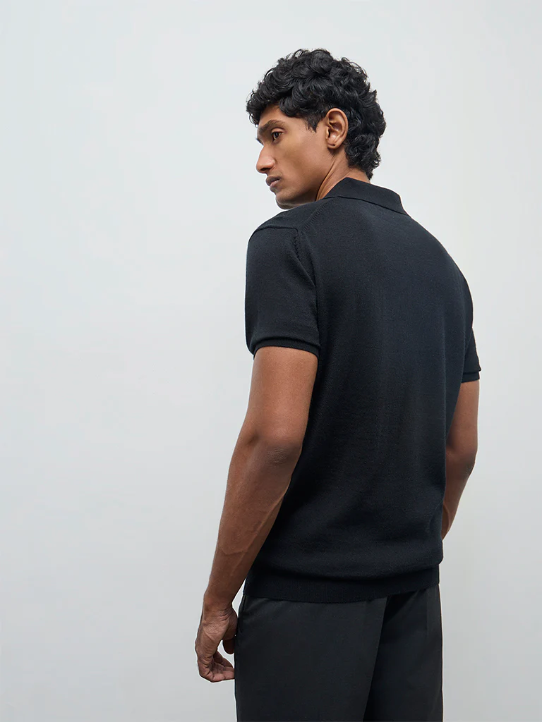 WES Formals Black Knit-Textured Relaxed-Fit Polo T-Shirt - Image 5