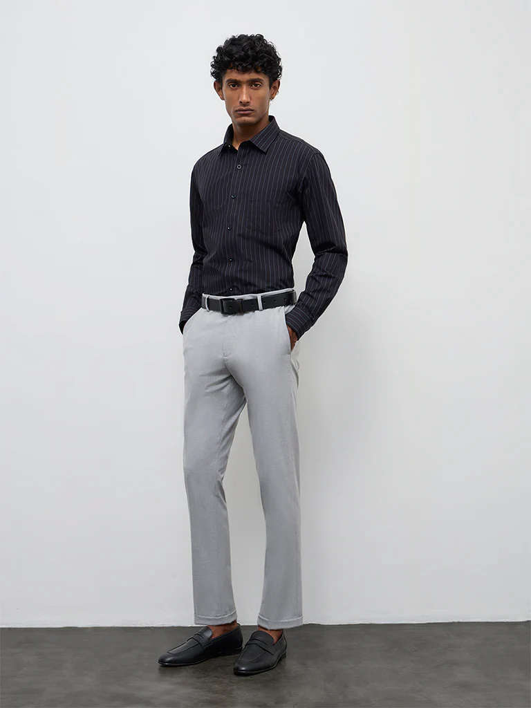 WES Formals Black Pinstripe Relaxed-Fit Cotton Shirt