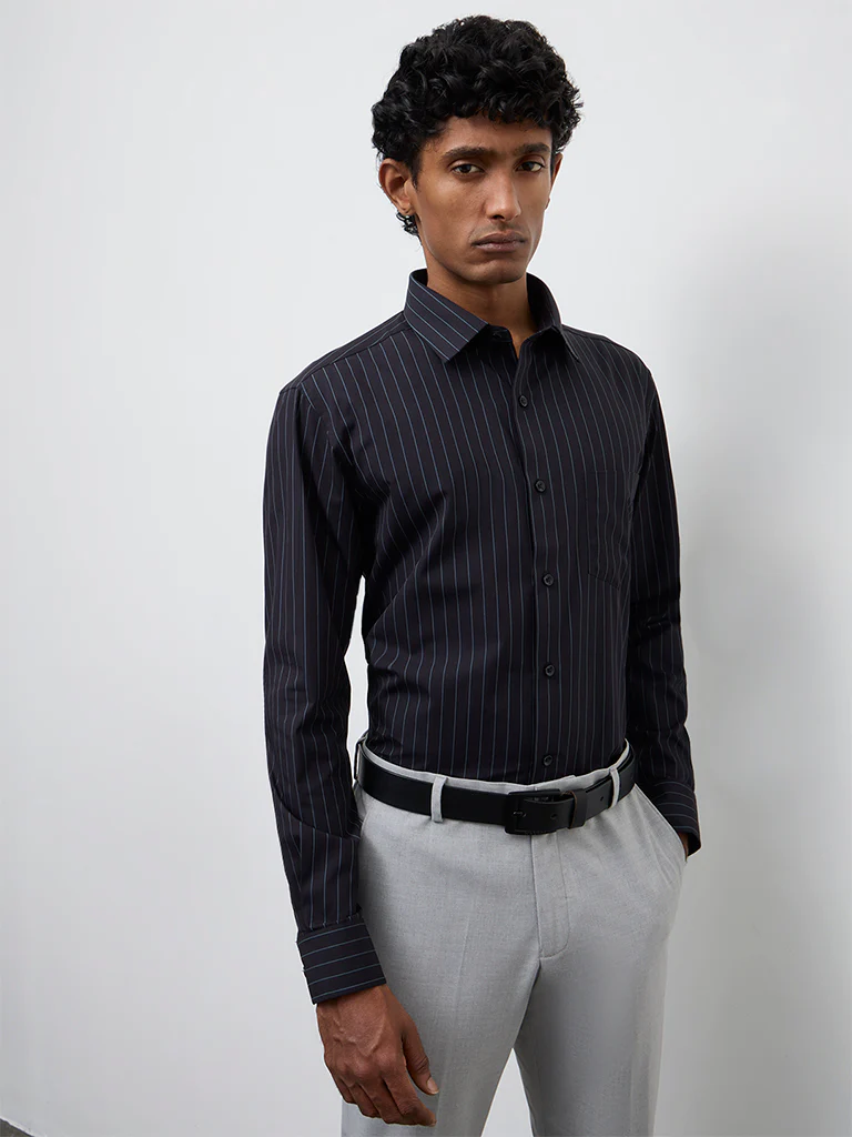 WES Formals Black Pinstripe Relaxed-Fit Cotton Shirt - Image 2
