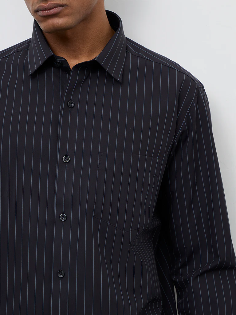 WES Formals Black Pinstripe Relaxed-Fit Cotton Shirt - Image 3