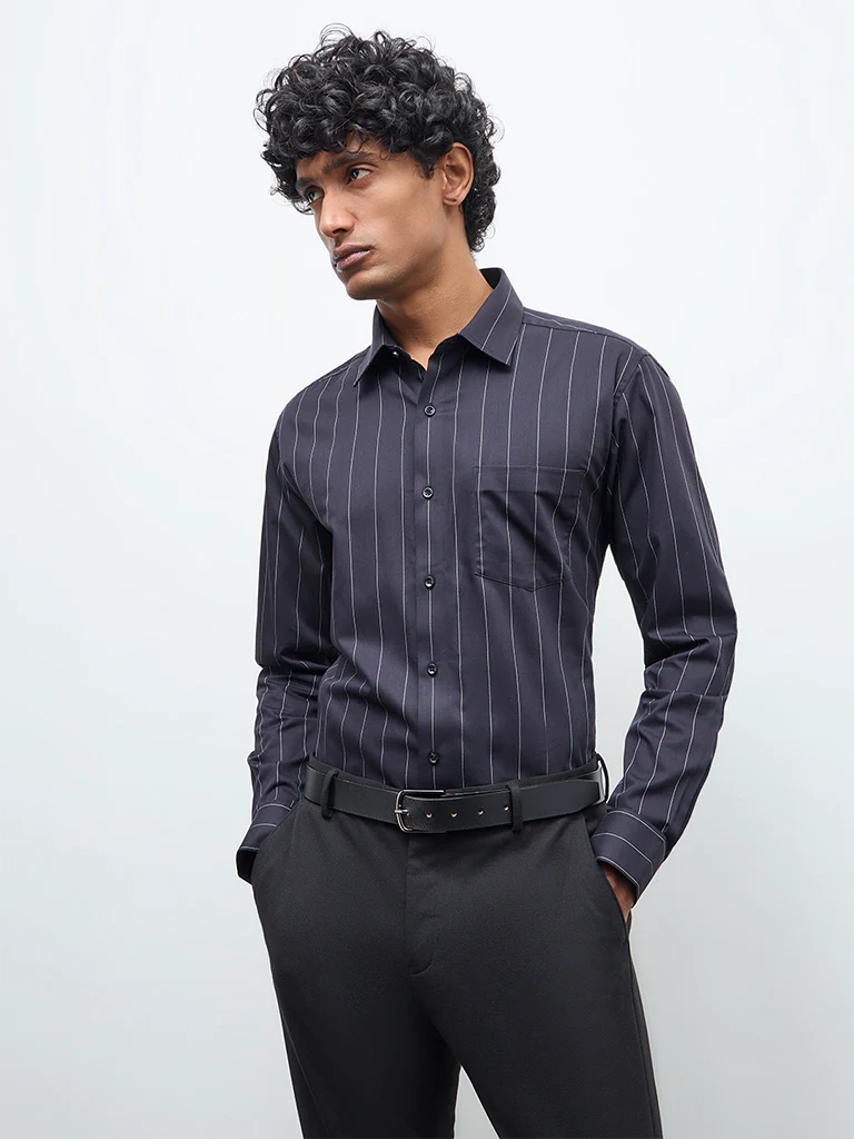 WES Formals Black Pinstriped Slim-Fit Cotton Shirt