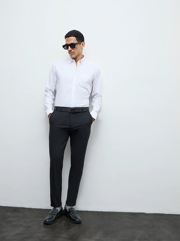 WES Formals Black Slim-Fit Mid-Rise Trousers
