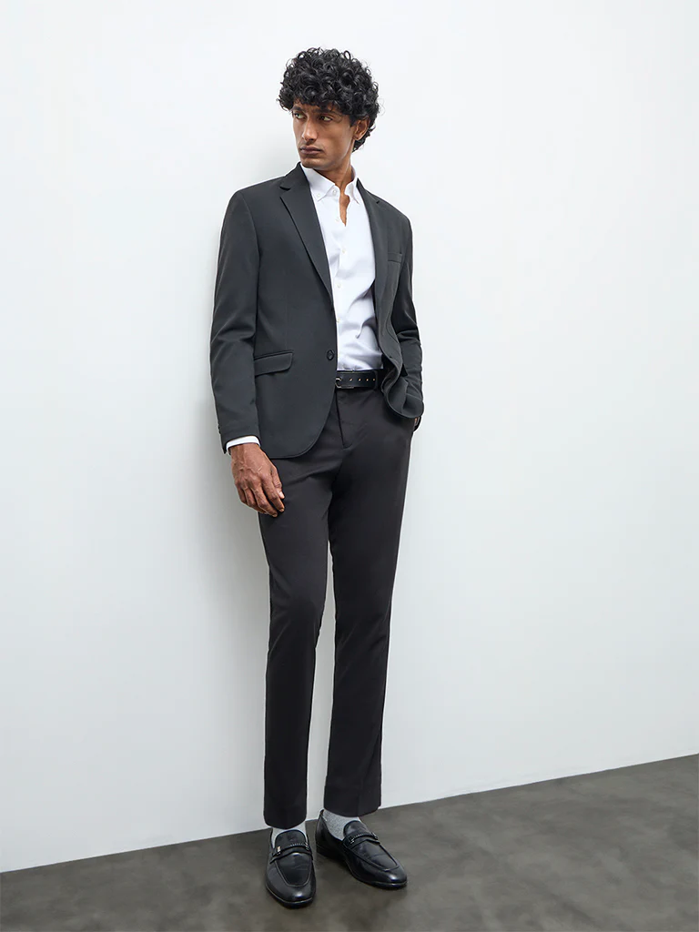WES Formals Black Slim-Fit Mid-Rise Trousers