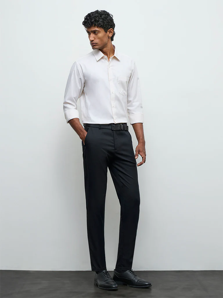 WES Formals Black Slim-Fit Mid-Rise Trousers