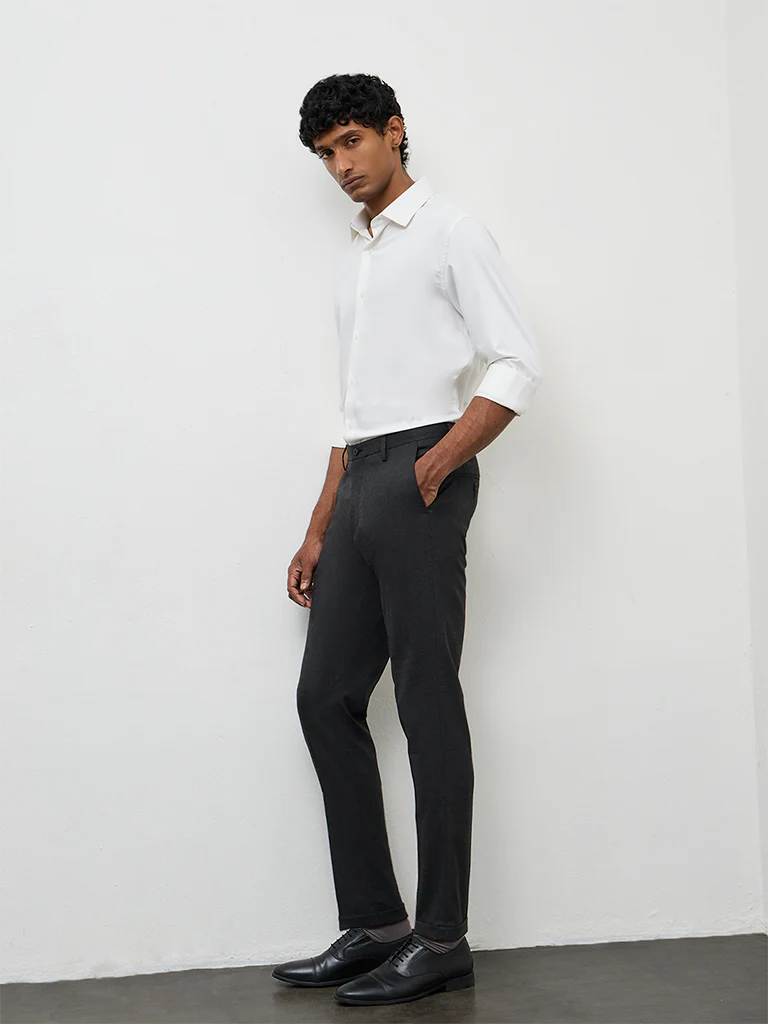 WES Formals Black Slim-Fit Mid-Rise Trousers