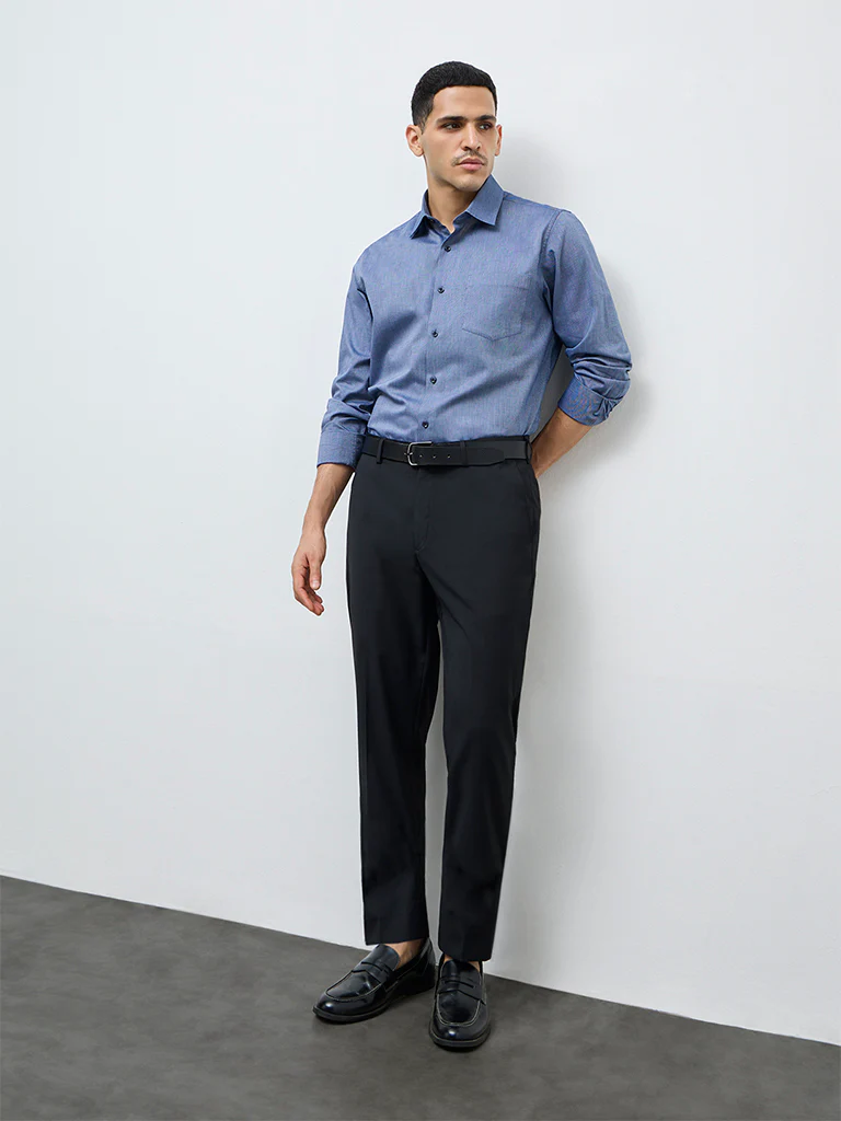 WES Formals Black Solid Mid-Rise Slim-Fit Trousers